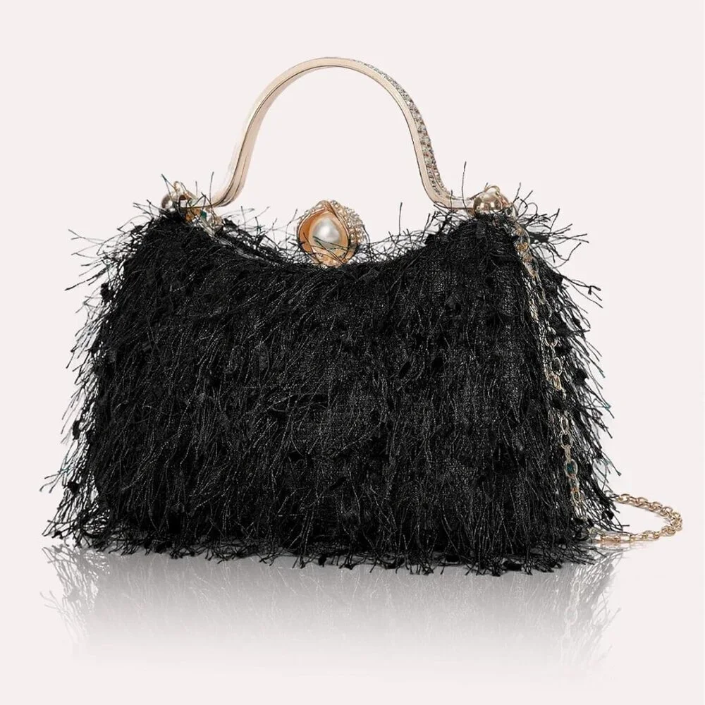 Women's Evening Clutch Purse Faux Feather Compact Shoulder Bag for Formal Events